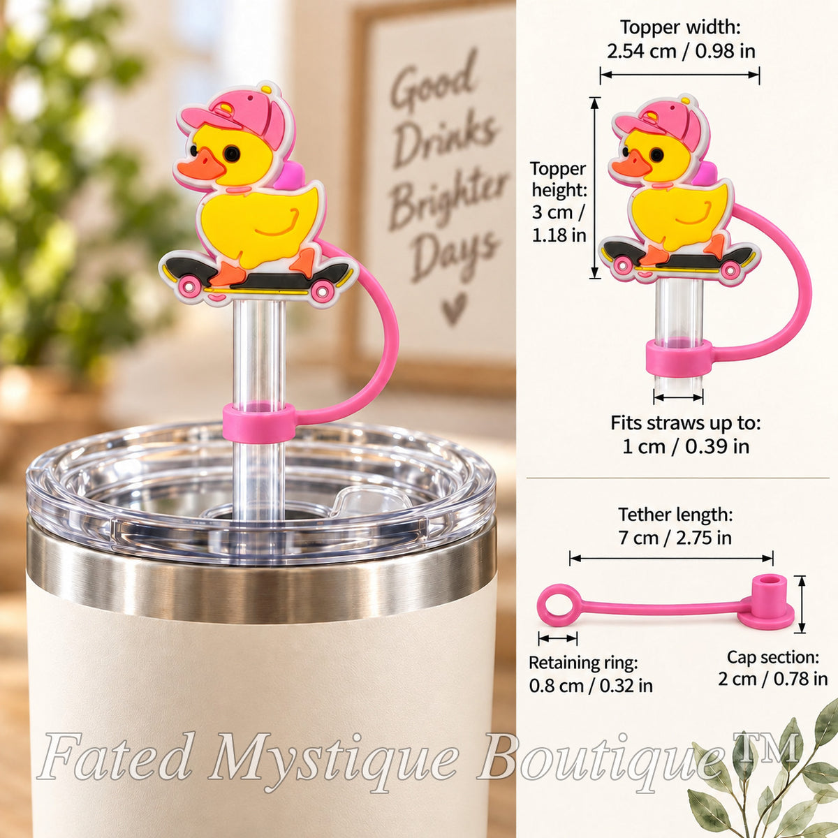 Duck straw topper style 5 shown on a tumbler with size and tether measurements — Fated Mystique Boutique