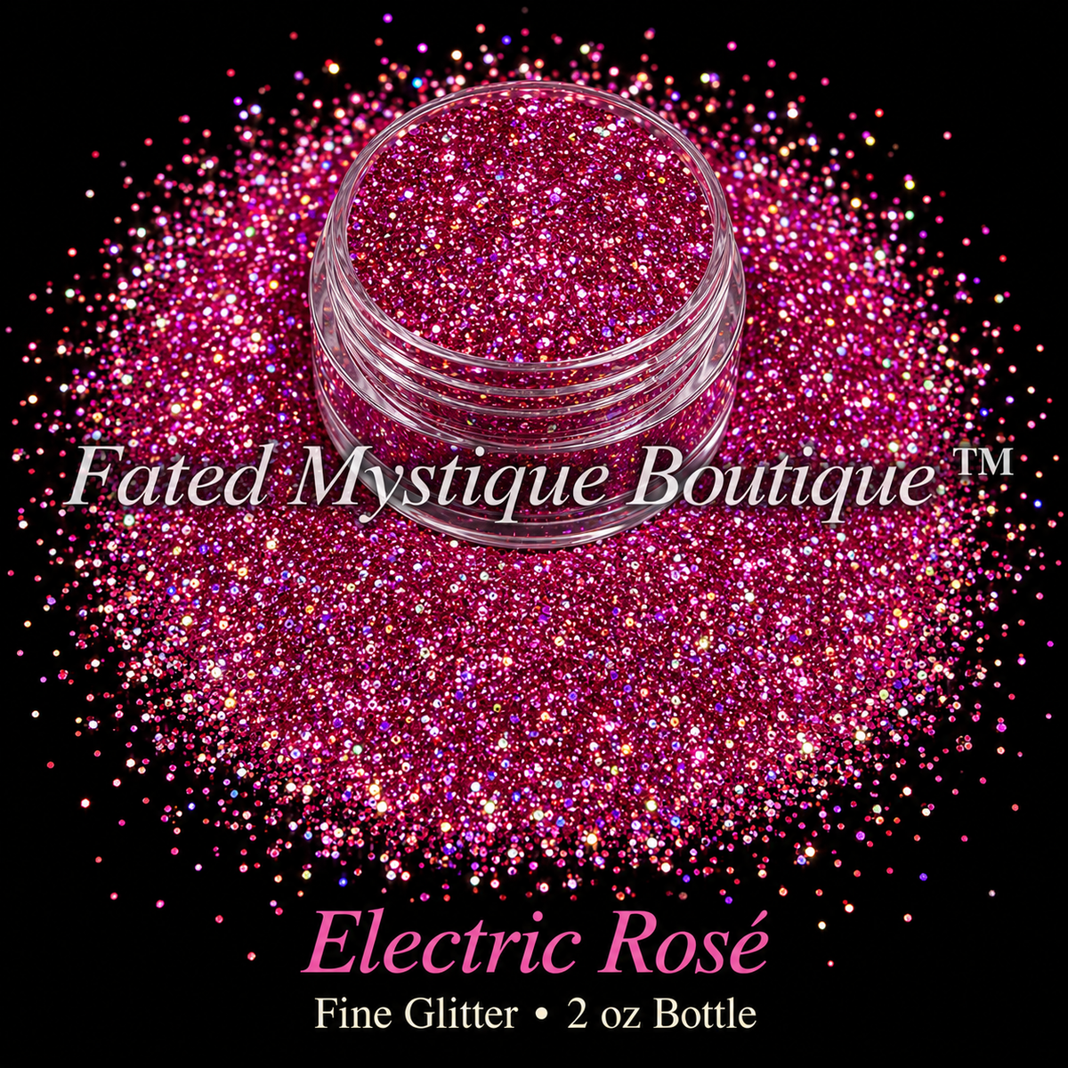 Electric Rosé bright magenta fine glitter in a clear jar with sparkling spill, 2 oz bottle
