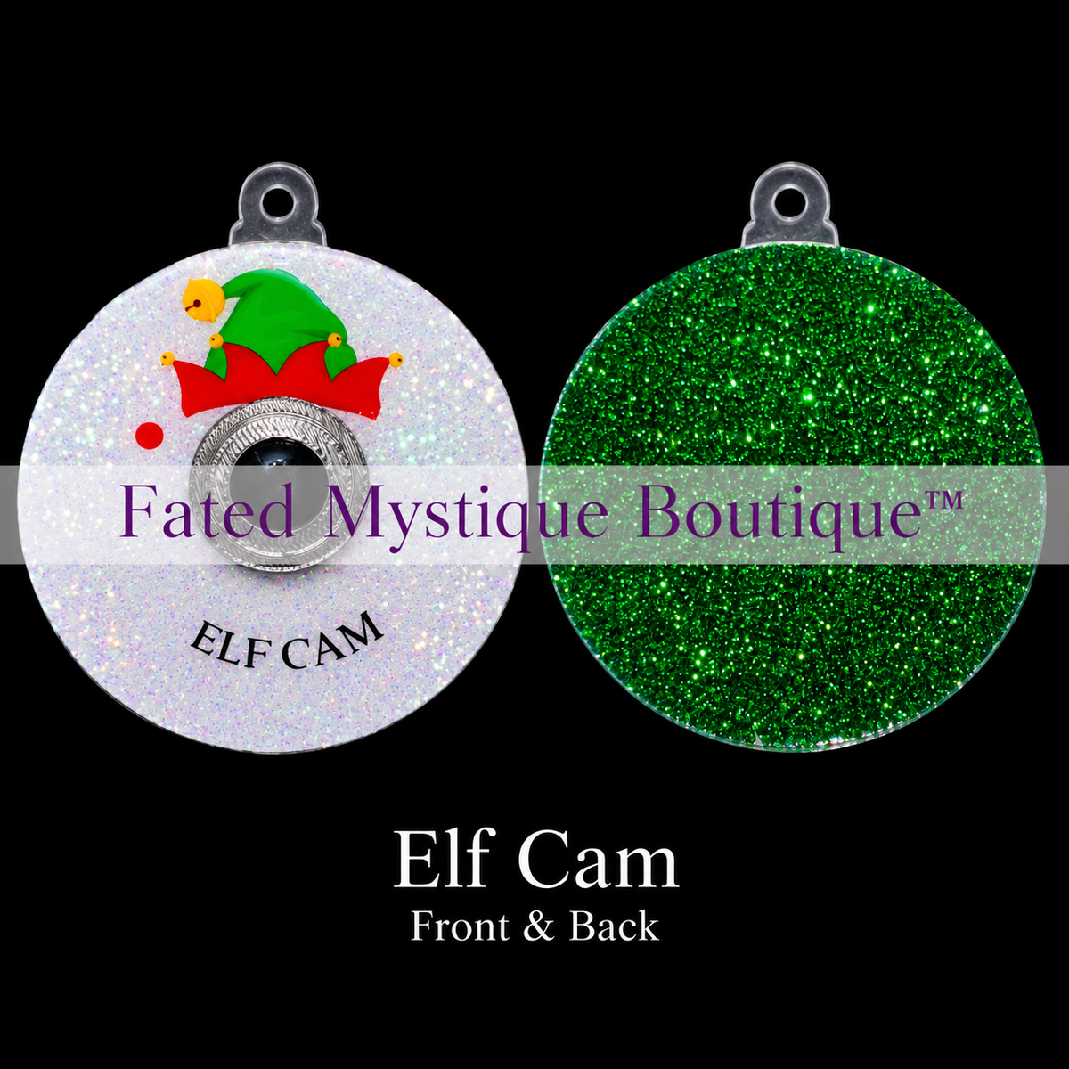 Elf Cam ornament with a red-and-green elf hat, decorative lens, shimmering white front and green glitter back.