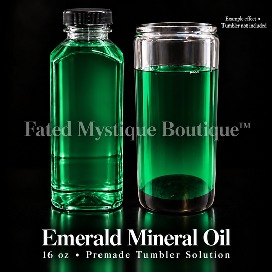 Emerald Mineral Oil — 16 oz bottle beside a clear tumbler showing the oil color; example effect, tumbler not included.