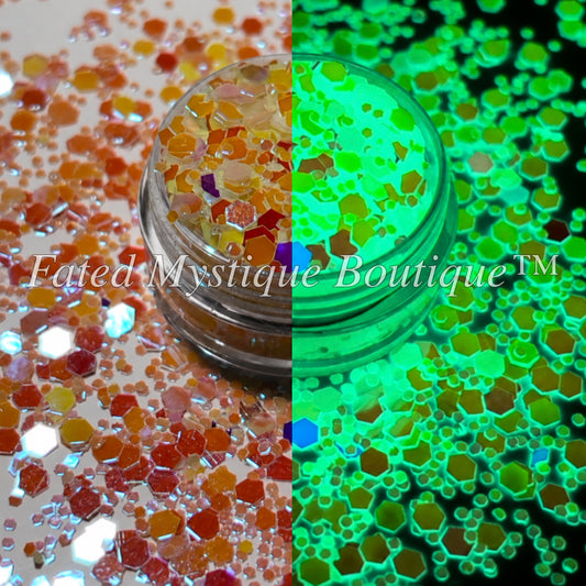 Eos pink and orange color-shifting chunky glitter shown in normal and glow lighting — Fated Mystique Boutique