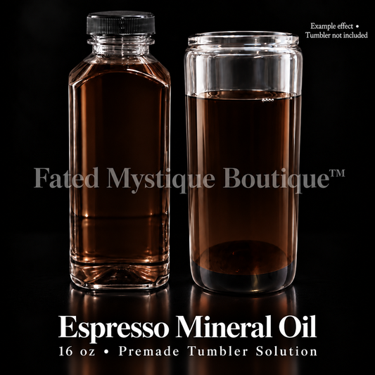 Espresso Mineral Oil — 16 oz bottle beside a clear tumbler showing the oil color; example effect, tumbler not included.