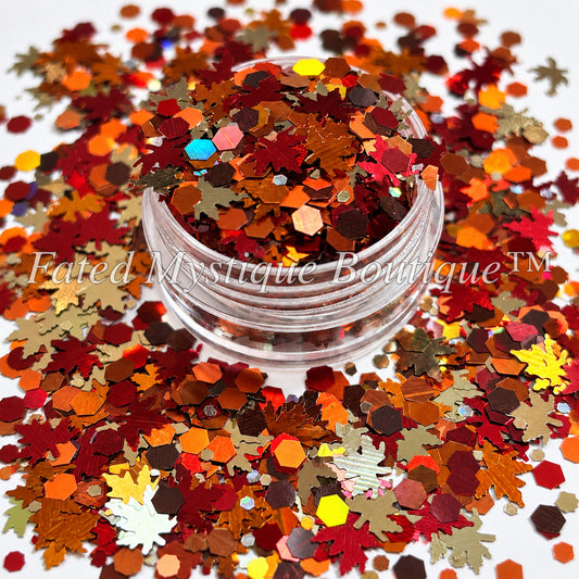 Fall-iday red orange gold and brown autumn glitter mix in a clear jar — Fated Mystique Boutique