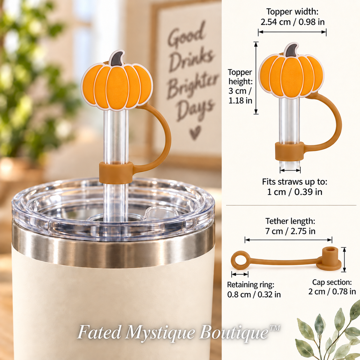 Fall Pumpkin Straw Topper shown in use with measurements and Fated Mystique Boutique watermark