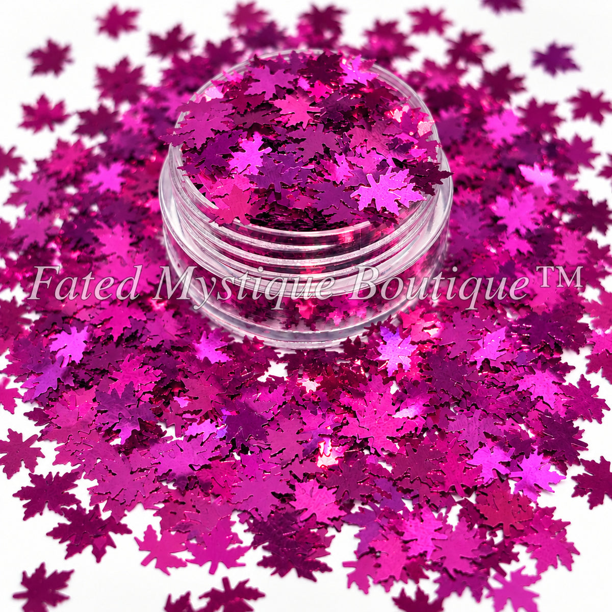 Pink and purple metallic leaf-shaped glitter in a clear jar — Fated Mystique Boutique