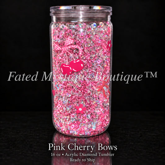 Pink Cherry Bows — 16 oz • Acrylic Diamond Tumbler — Ready to Ship — Fated Mystique Boutique