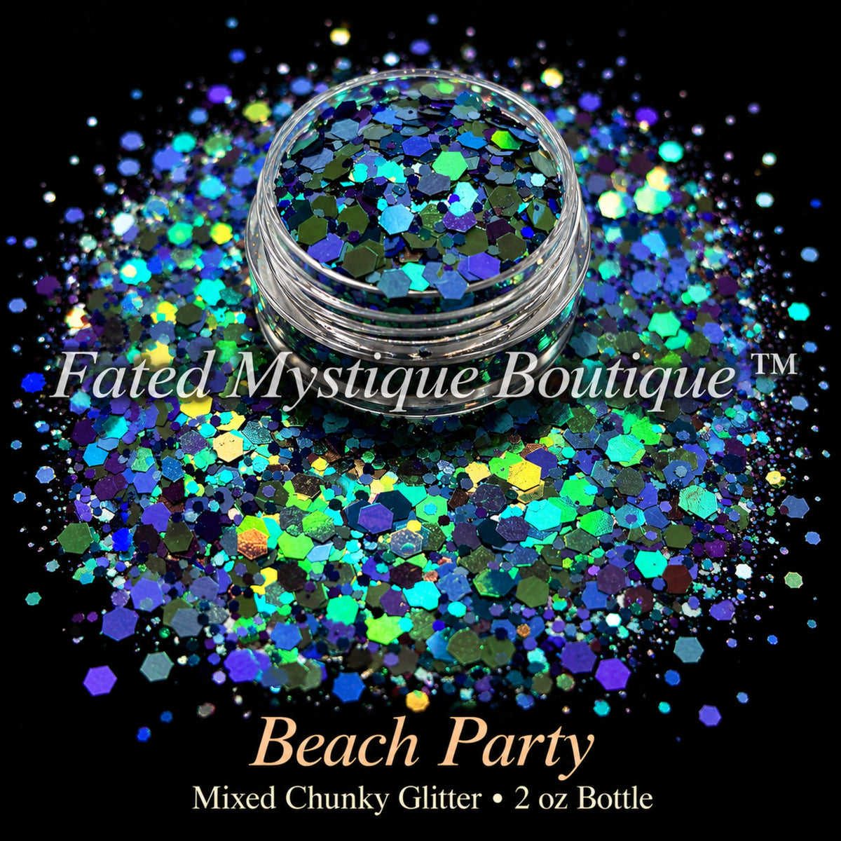 Beach Party mixed chunky glitter in blue, teal and purple iridescent, 2 oz bottle — Fated Mystique Boutique