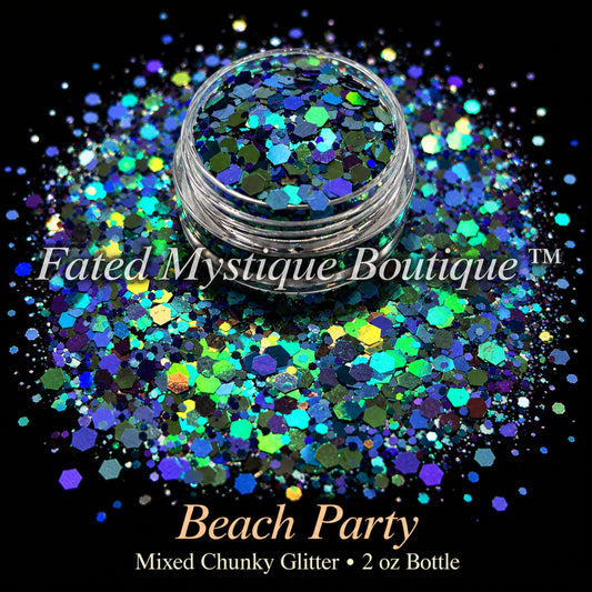 Beach Party mixed chunky glitter in blue, teal and purple iridescent, 2 oz bottle — Fated Mystique Boutique