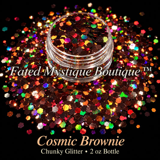 Cosmic Brownie chunky brown hex glitter with multicolor reflective flecks, 2 oz bottle — Fated Mystique Boutique