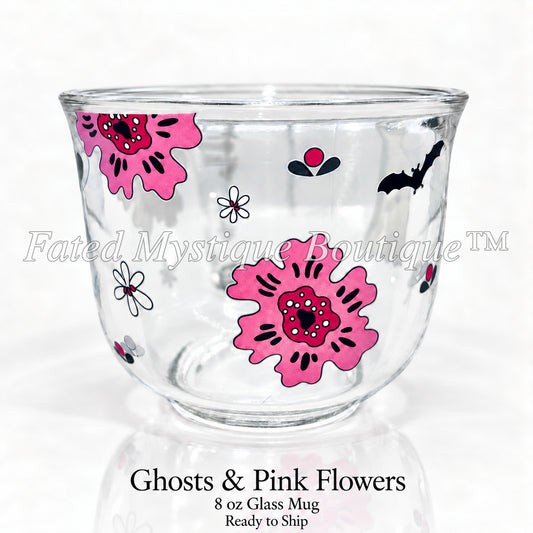 Ghosts & Pink Flowers — 8 oz Glass Mug — Ready to Ship — Fated Mystique Boutique