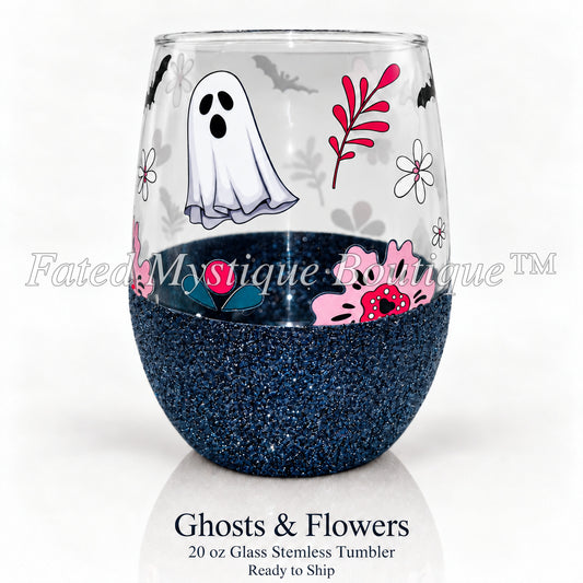 Ghosts & Flowers — 20 oz Glass Stemless Tumbler — Ready to Ship — Fated Mystique Boutique