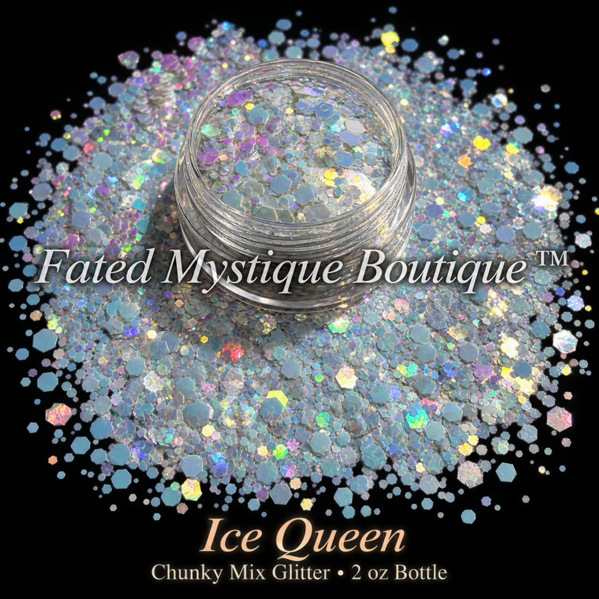 Ice Queen chunky mix glitter in icy pale blue and silver, 2 oz bottle — Fated Mystique Boutique