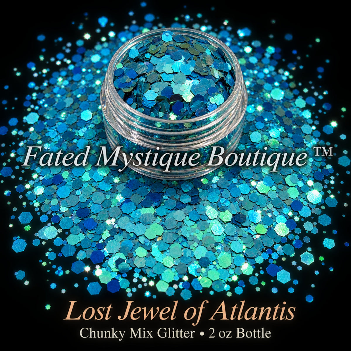 Lost Jewel of Atlantis chunky mix glitter in aqua and sea blue, 2 oz bottle — Fated Mystique Boutique