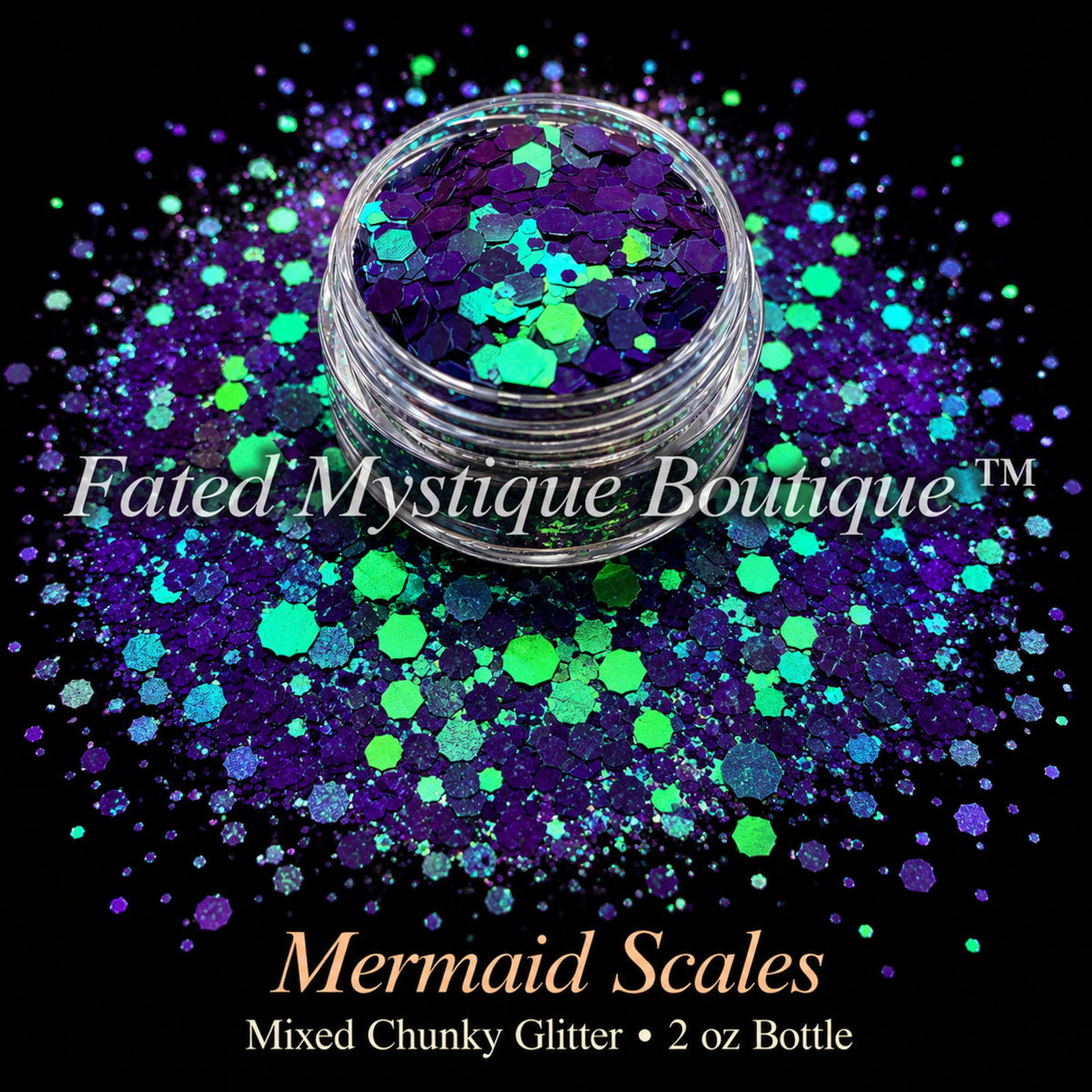 Mermaid Scales mixed chunky glitter in purple with teal and green flashes, 2 oz bottle — Fated Mystique Boutique
