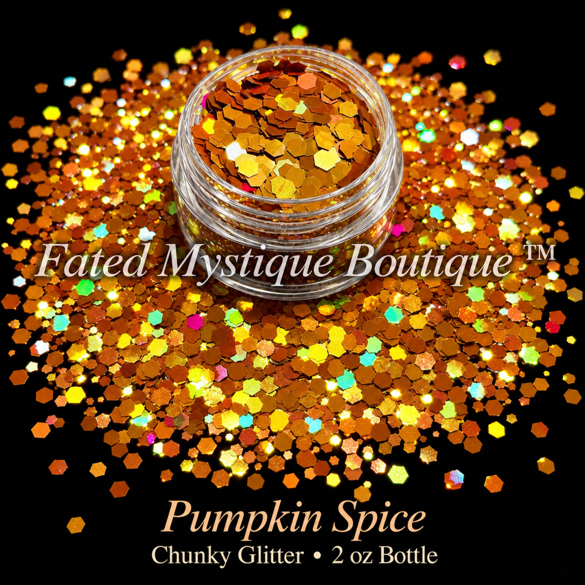 Pumpkin Spice chunky glitter in orange and golden amber, 2 oz bottle — Fated Mystique Boutique