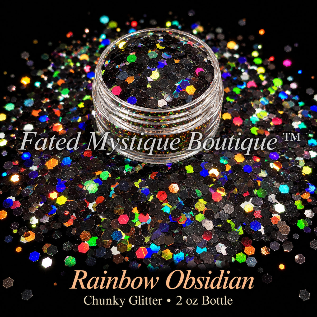 Rainbow Obsidian chunky glitter in black with rainbow reflective flashes, 2 oz bottle — Fated Mystique Boutique
