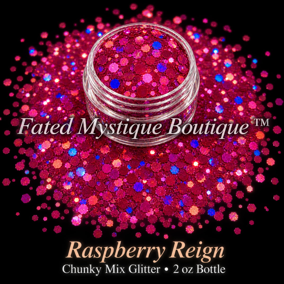 Raspberry Reign chunky mix glitter in raspberry magenta with blue flashes, 2 oz bottle — Fated Mystique Boutique