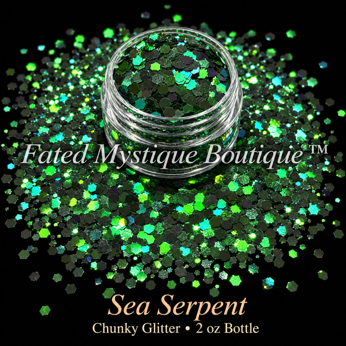 Sea Serpent chunky glitter in charcoal black with green flashes, 2 oz bottle — Fated Mystique Boutique