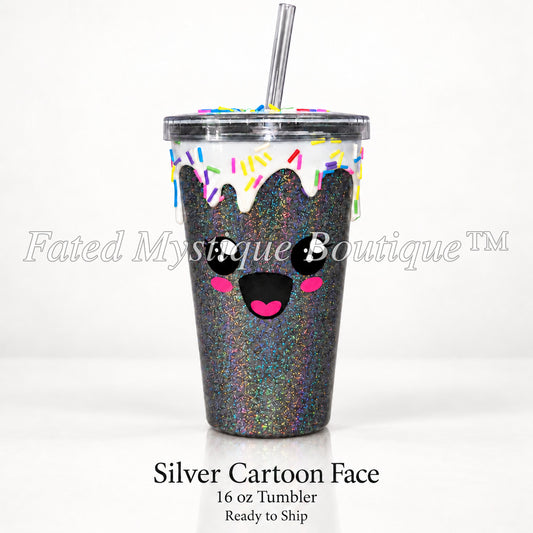 Silver Cartoon Face — 16 oz Tumbler — Ready to Ship — Fated Mystique Boutique