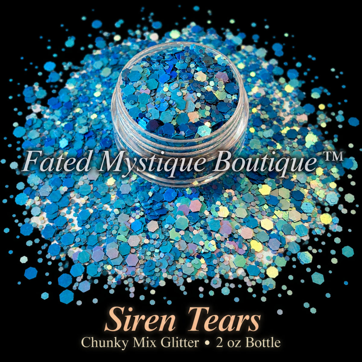 Siren Tears chunky mix glitter in ocean blue and turquoise, 2 oz bottle — Fated Mystique Boutique