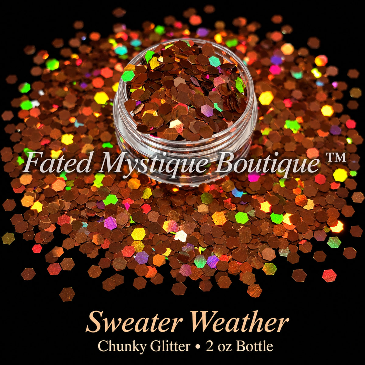Sweater Weather chunky glitter in brown and copper with rainbow flashes, 2 oz bottle — Fated Mystique Boutique