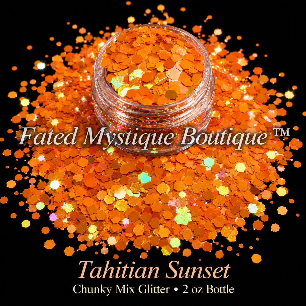 Tahitian Sunset chunky mix glitter in tangerine orange and gold, 2 oz bottle — Fated Mystique Boutique