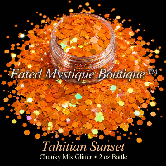 Tahitian Sunset chunky mix glitter in tangerine orange and gold, 2 oz bottle — Fated Mystique Boutique