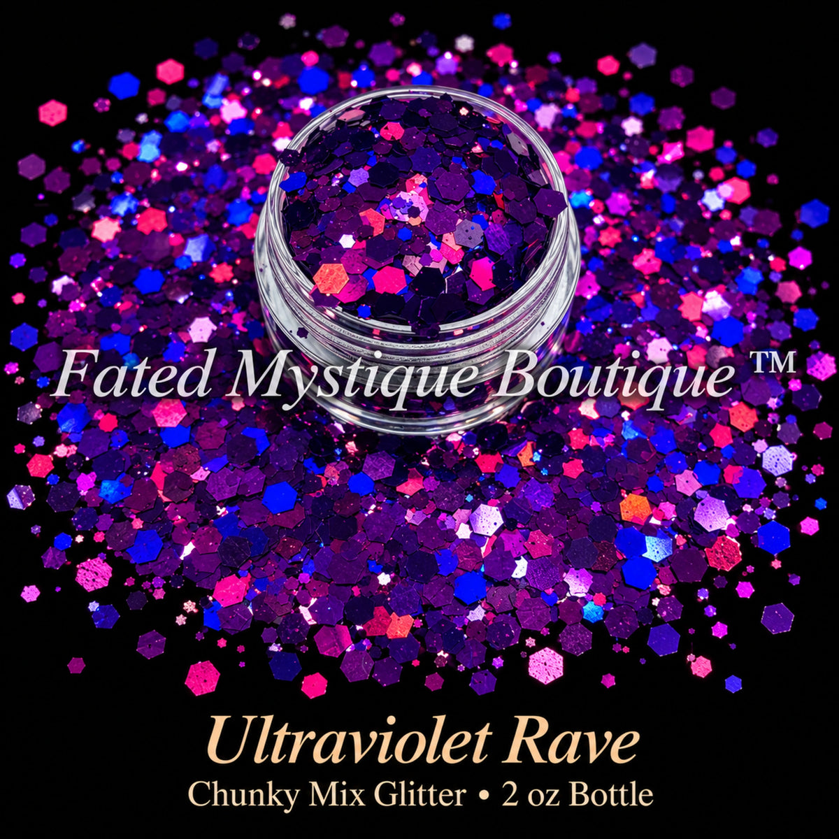 Ultraviolet Rave chunky mix glitter in violet, blue and magenta, 2 oz bottle — Fated Mystique Boutique