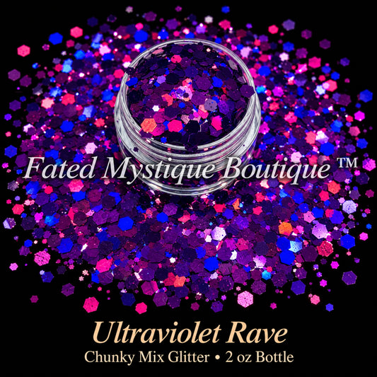 Ultraviolet Rave chunky mix glitter in violet, blue and magenta, 2 oz bottle — Fated Mystique Boutique