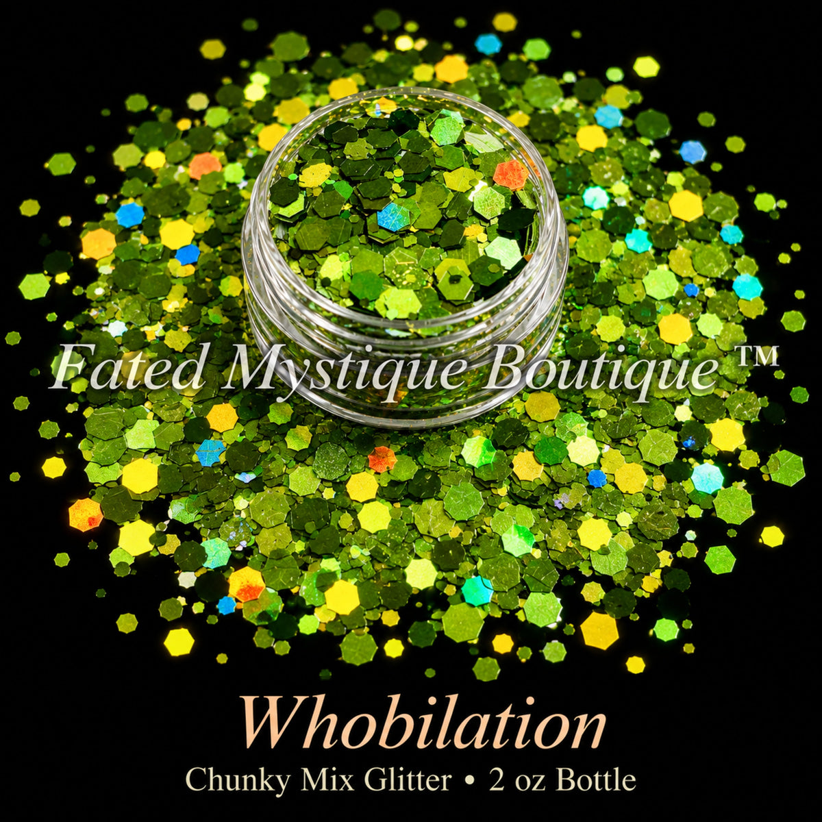 Whobilation chunky mix glitter in bright green and lime, 2 oz bottle — Fated Mystique Boutique