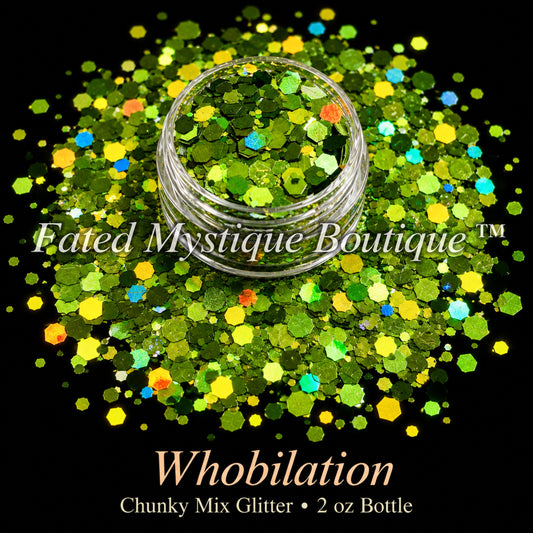 Whobilation chunky mix glitter in bright green and lime, 2 oz bottle — Fated Mystique Boutique