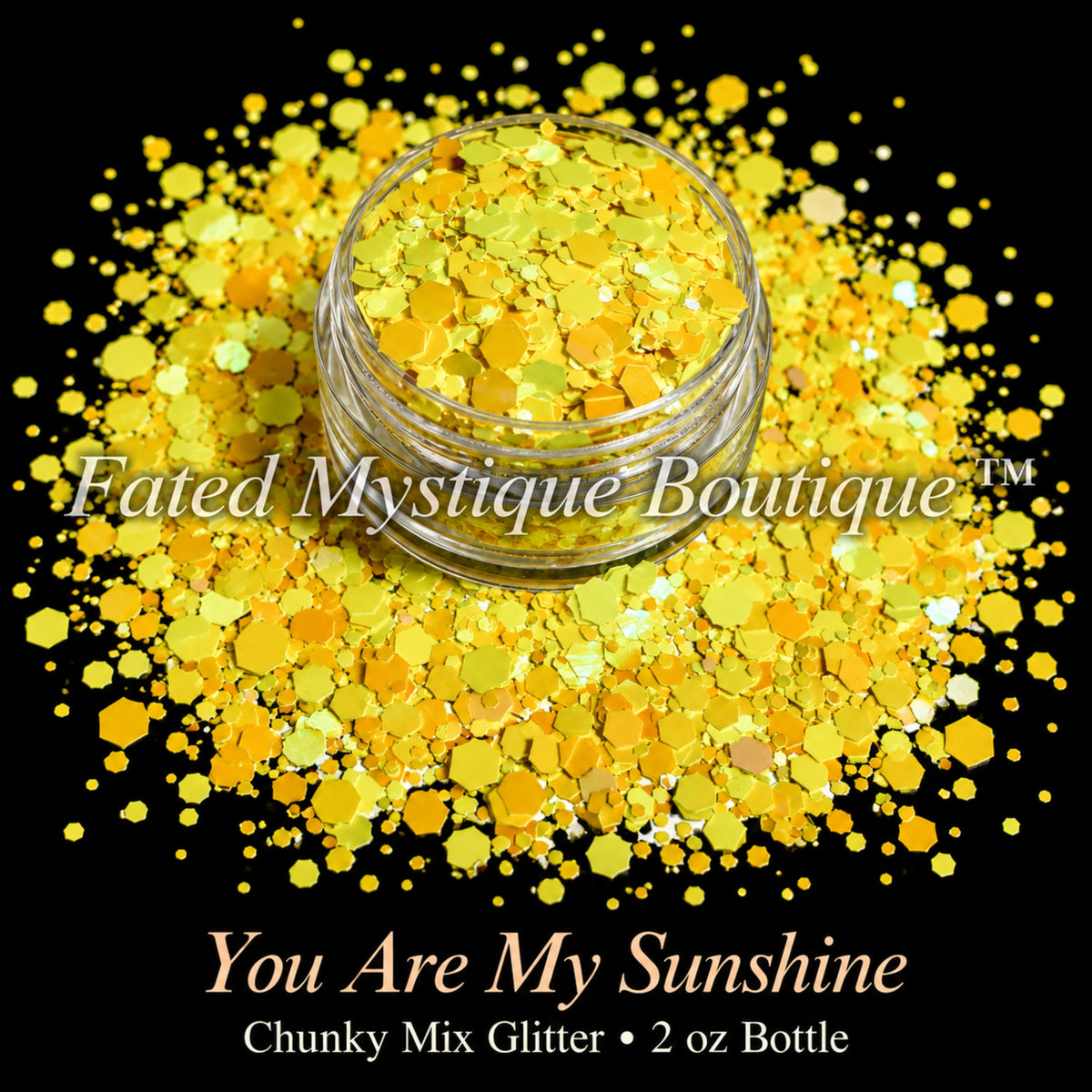 You Are My Sunshine chunky mix glitter in sunny yellow and gold, 2 oz bottle — Fated Mystique Boutique