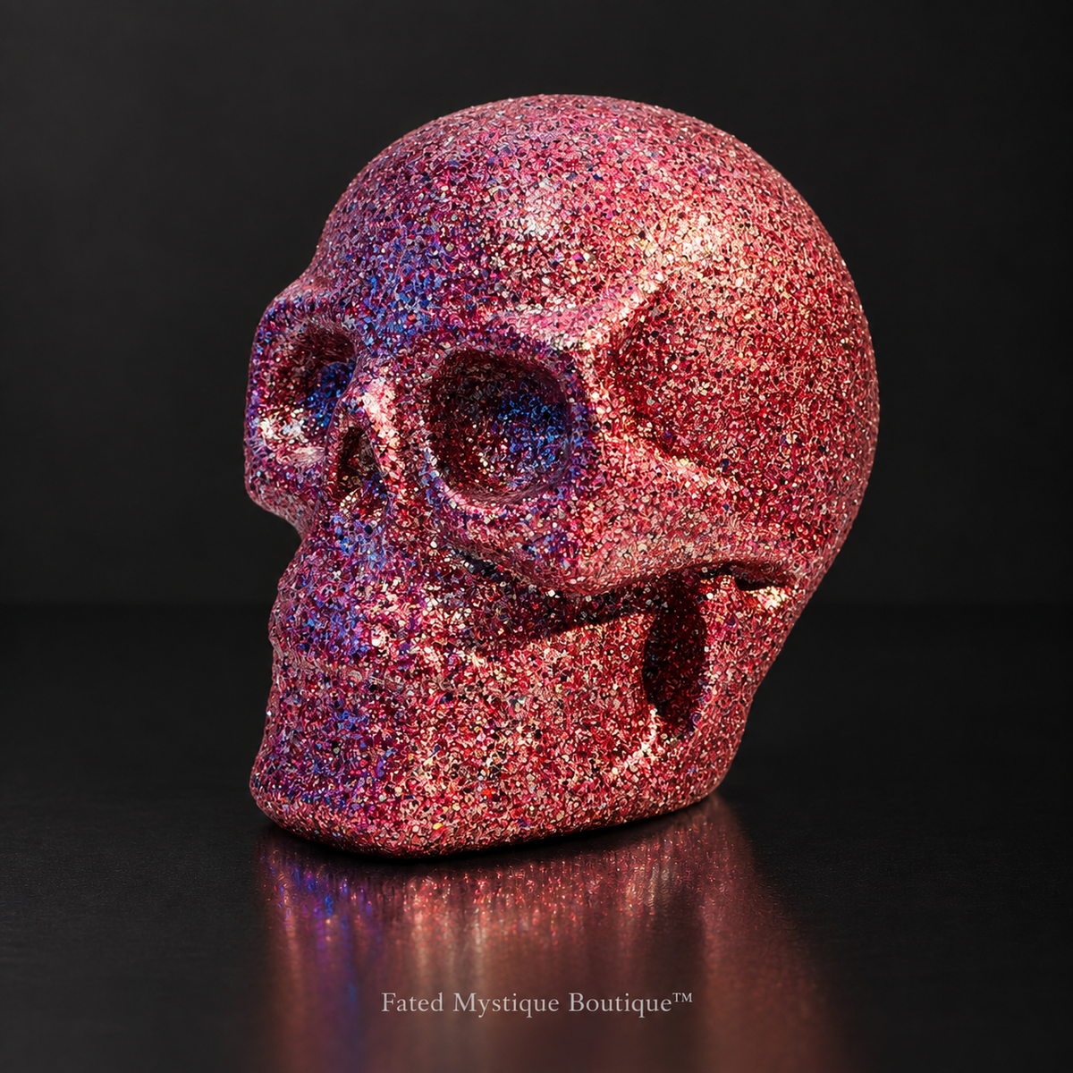 Hot pink glitter skull head alternative view for gothic Halloween decor — charcoal studio mockup