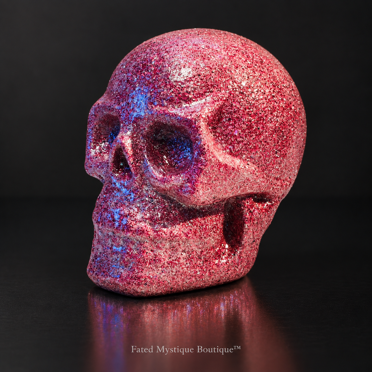 Pink glow in the dark glitter skull head decoration for gothic Halloween decor — charcoal studio mockup