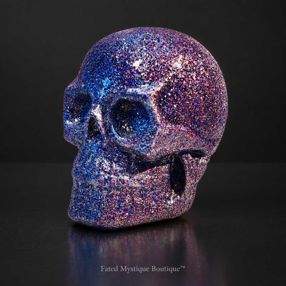 Purple glitter skull head decoration with glow-in-the-dark finish for Halloween decor — charcoal studio mockup