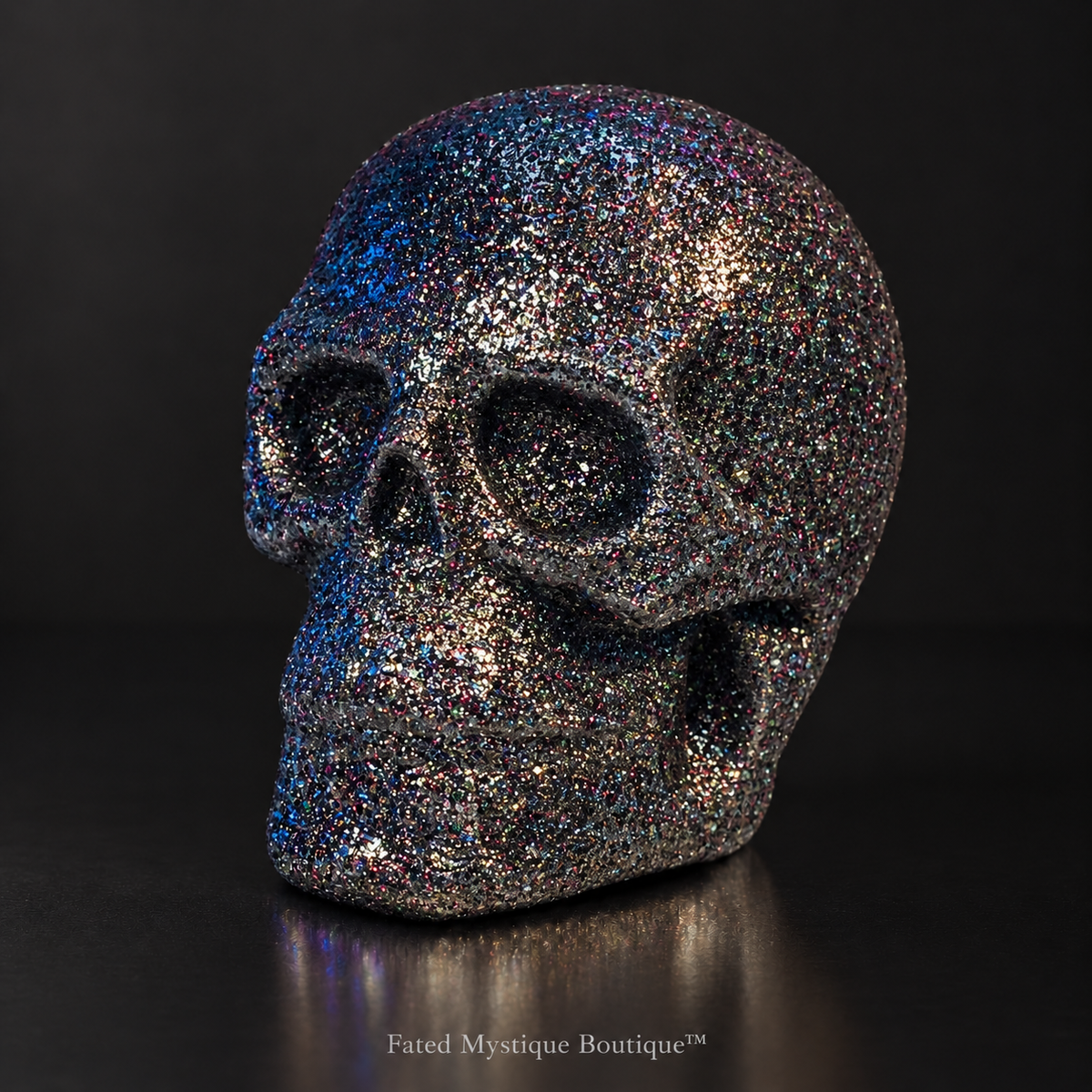 Black glitter skull head decoration for gothic Halloween tabletop decor — charcoal studio mockup