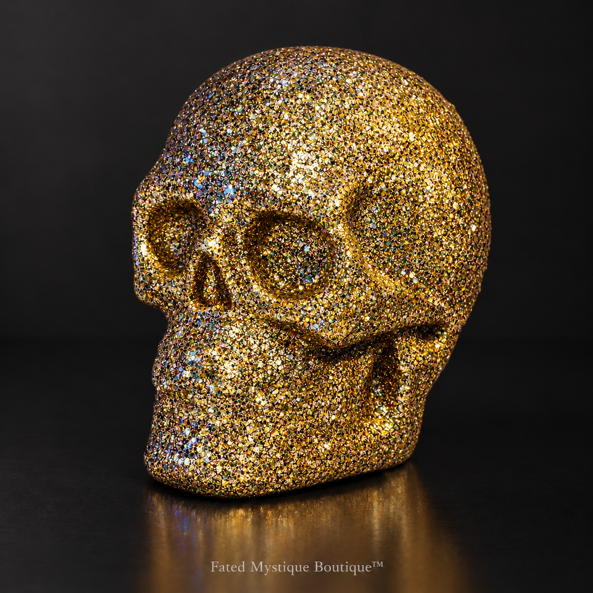 Gold glitter skull head decoration for gothic Halloween tabletop decor — charcoal studio mockup
