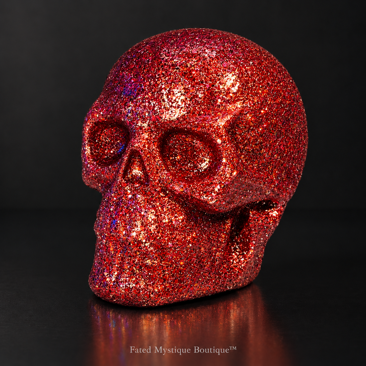 Red glitter skull head decoration for gothic Halloween tabletop decor — charcoal studio mockup