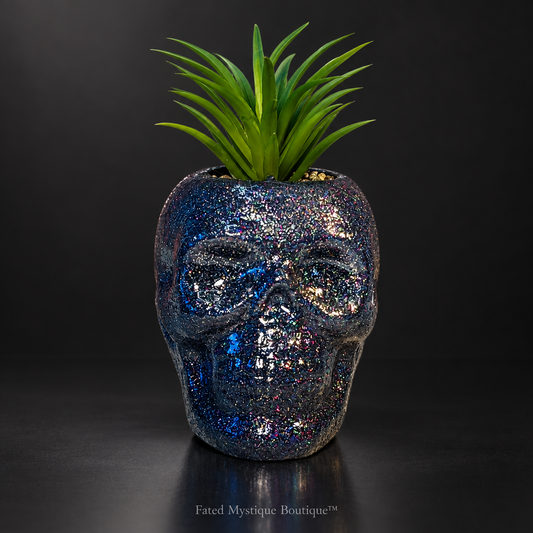 Small black glitter skull faux succulent planter with glow-in-the-dark eyes for gothic decor — charcoal studio mockup