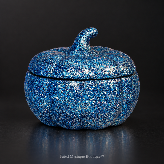 Dark blue glow-in-the-dark glitter pumpkin trinket jar with lid for fall decor — charcoal studio mockup