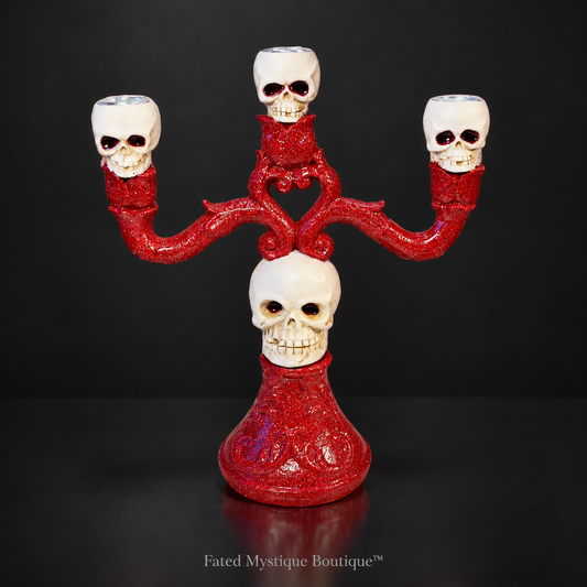Three-tier skull candle holder with gothic skull design for Halloween tabletop decor — charcoal studio mockup