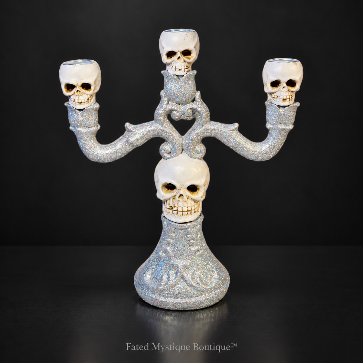 Gothic three-tier skull candle holder for candles and Halloween home decor — charcoal studio mockup