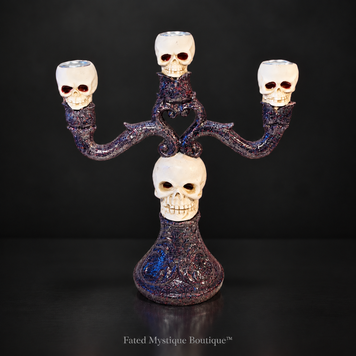 Skull three-tier candle holder with gothic design for Halloween home decoration — charcoal studio mockup