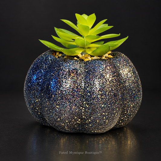 Black glitter artificial pumpkin succulent planter for sparkling fall and Halloween home decor — charcoal studio mockup