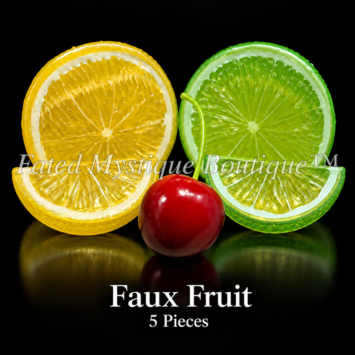 Five assorted faux fruit pieces with lemon lime and cherry designs — Fated Mystique Boutique