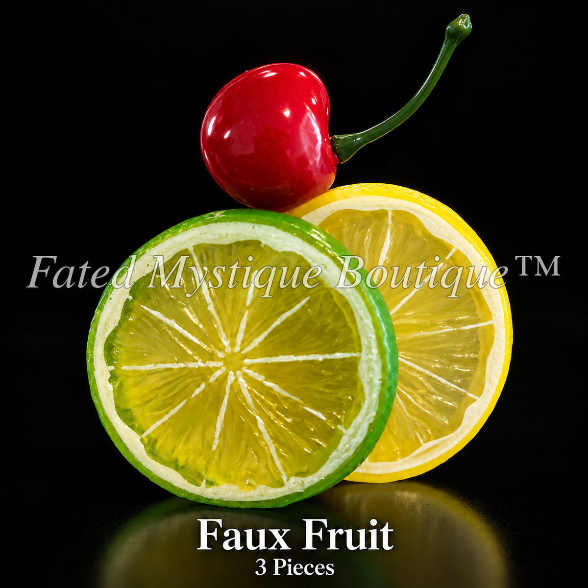 Three assorted faux fruit pieces with lime lemon and cherry designs — Fated Mystique Boutique
