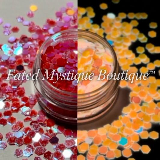 Flamingo pink and silver color-shifting glow-in-the-dark chunky glitter; side-by-side effects with Fated Mystique Boutique™ watermark