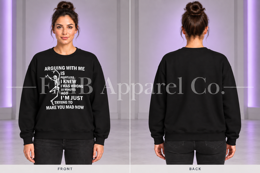 Black "Arguing with me" Skull Coffee Pullover Crewneck Sweatshirt — front and back on model, gray studio with purple lighting