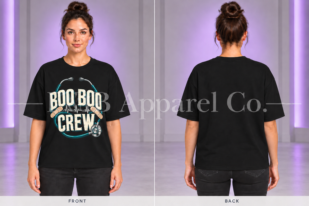 Black Boo Boo Crew T-shirt, front and back on model in gray studio with purple lighting