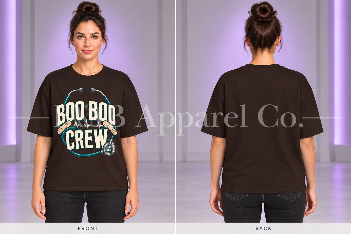 Dark chocolate Boo Boo Crew T-shirt, front and back on model in gray studio with purple lighting